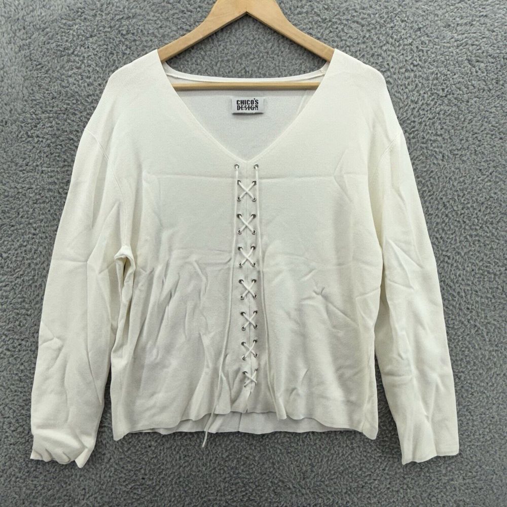 Chicos Design‎ Lace Up Snow White Cardigan Long Sleeve Sweater Top Size Medium